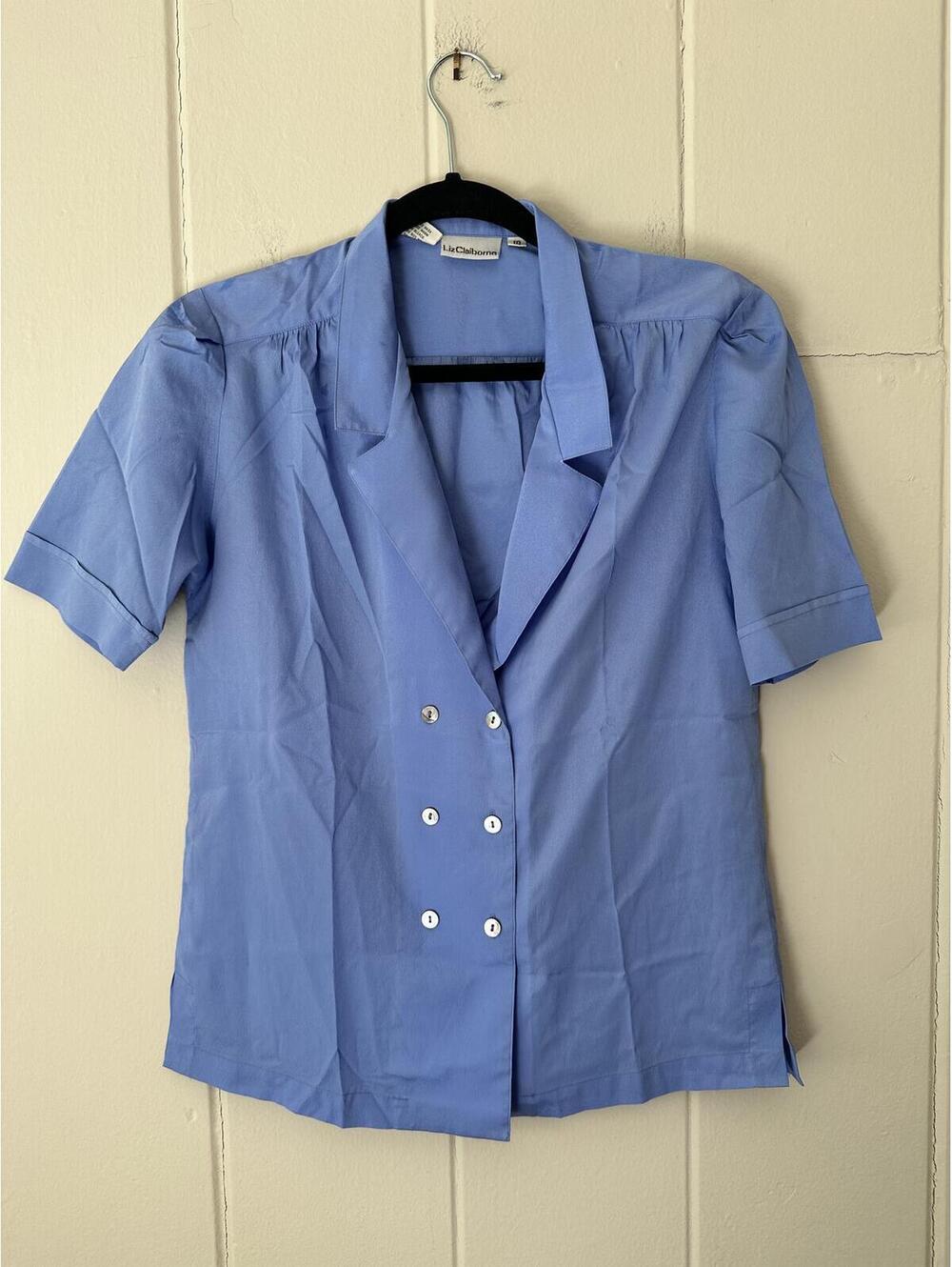 Liz Claiborne Vintage Blue Double-Breasted Short Sleeve Blouse Size 10